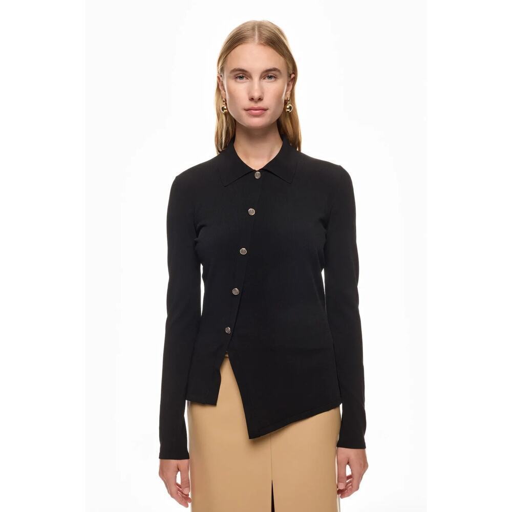 Tanya Taylor Levine Top Knit Long Sleeve Collared Asymmetric Hem Black Large